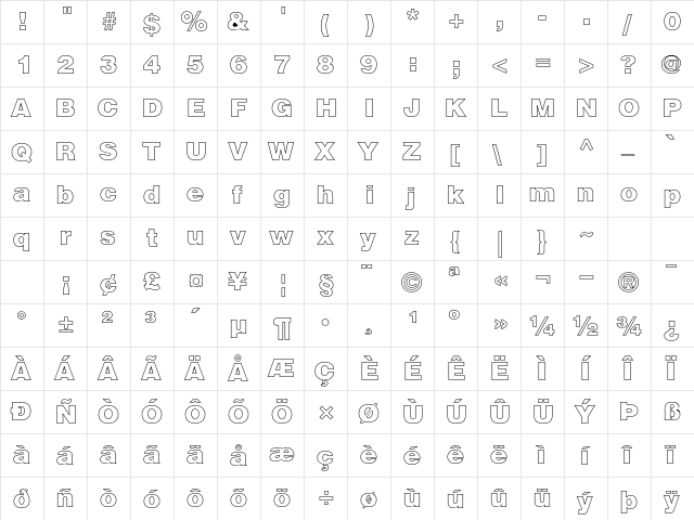 Helvetica Black Hollow Regular  glyph index