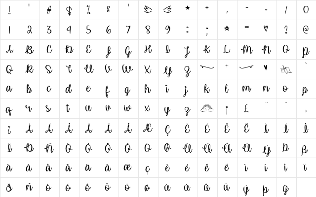 Unicorn Calligraphy Regular  glyph index