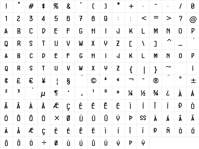 ConcursoModerne BTN Bold  glyph index