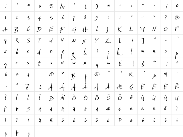 Baka Too Regular  glyph index