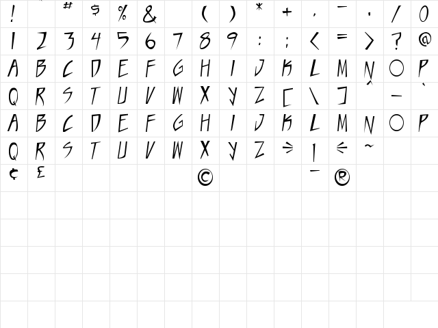 Taste of steel Regular  glyph index