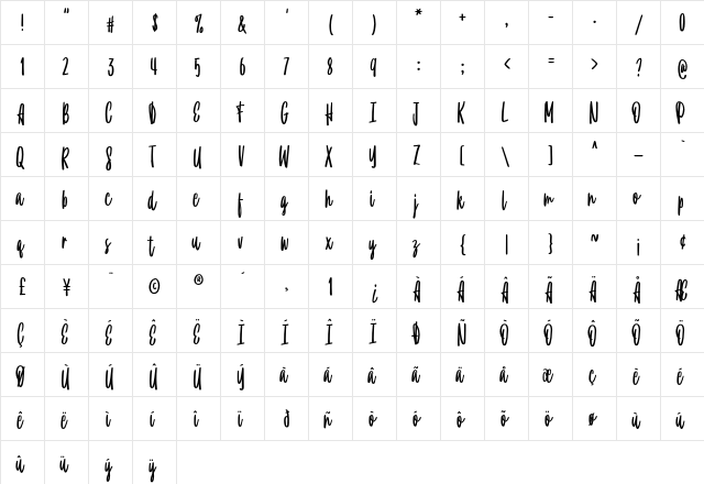 True Happiness Regular  glyph index