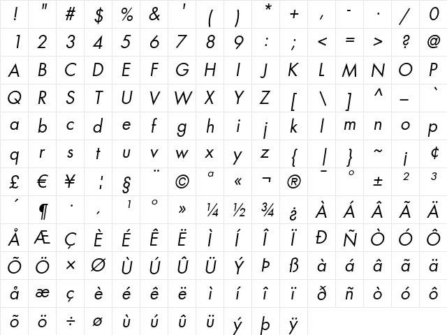 Futura LT BookOblique  glyph index