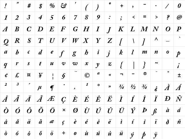 Adobe Caslon Pro Bold Italic  glyph index