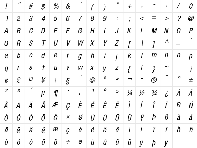 Helvetica Neue LT Pro 57 Condensed Oblique  glyph index
