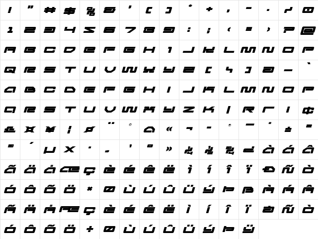 Ranger Force Expanded Italic Regular  glyph index