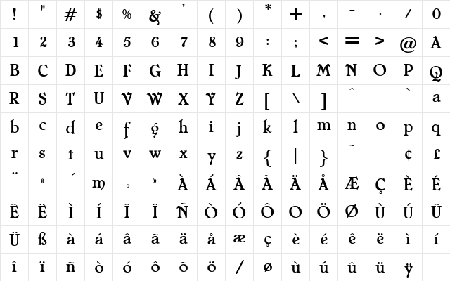 Cheever Regular  glyph index