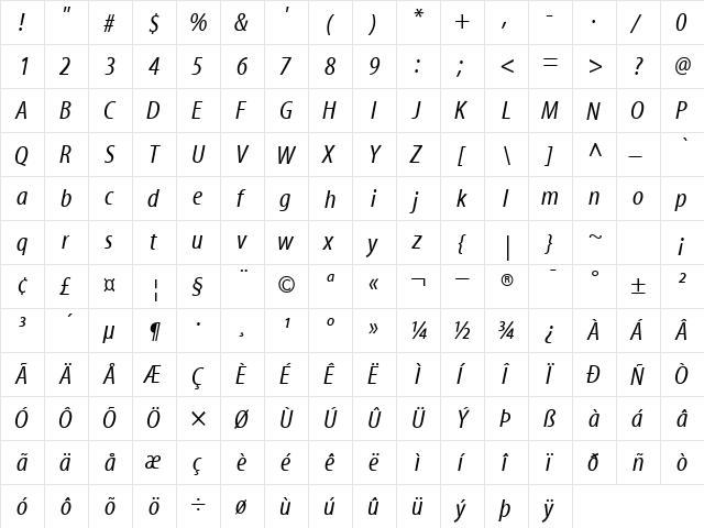 MyriadRegularCondensedItalic Normal  glyph index