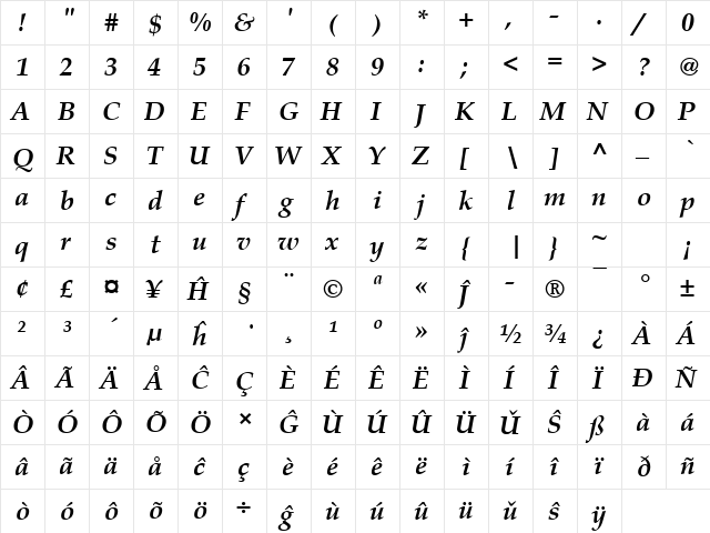 Book Antiqua Eo Bold Italic  glyph index