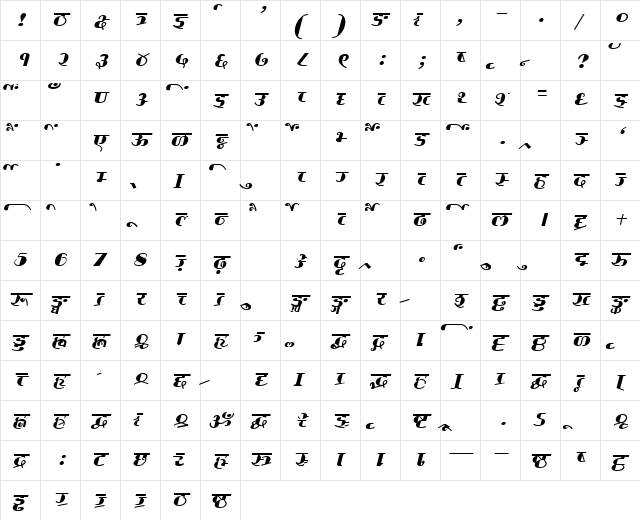 AkrutiDevPrakash Italic  glyph index