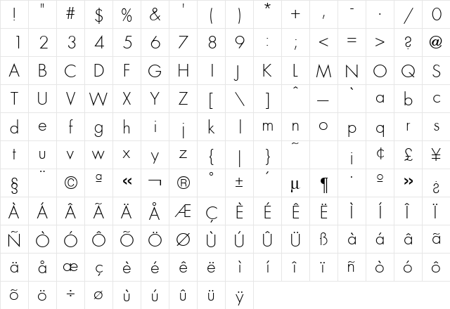Futura ICG Light  glyph index