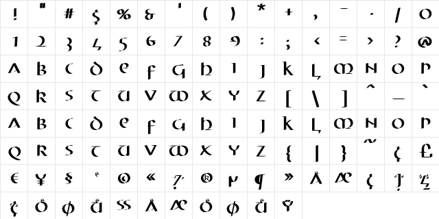 MKUnCiale-Pen Regular  glyph index