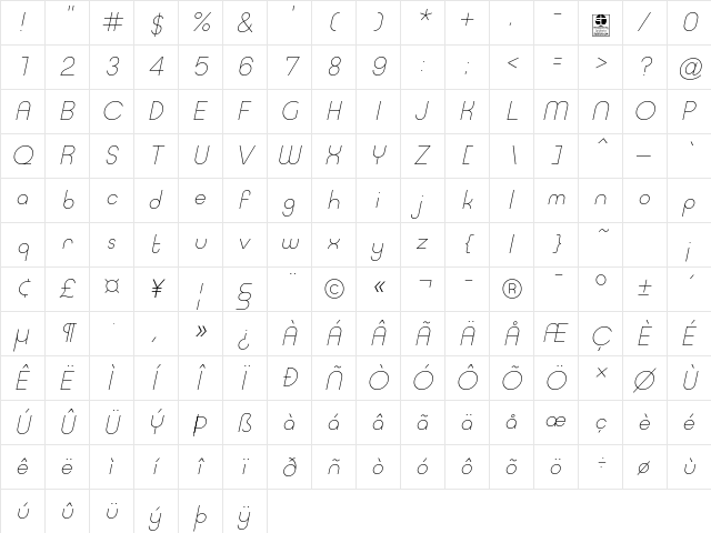 Typo Ring Light Demo Italic  glyph index