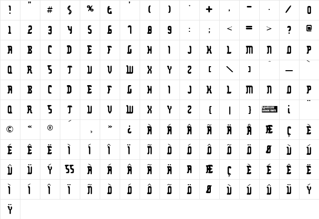 Zodillin Regular  glyph index