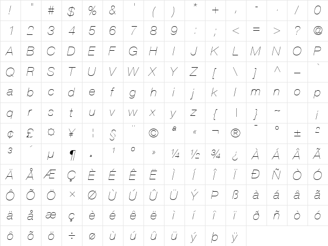 Context Reprise Light SSi Extra Light Italic  glyph index