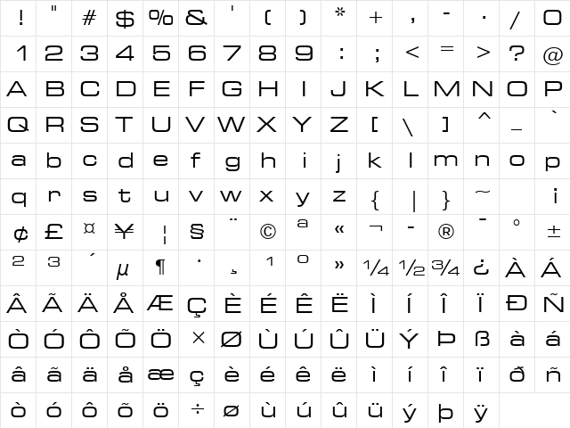 Square721 Ex BT Roman  glyph index