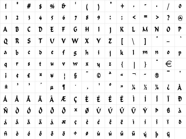 FlatBrushThin Bold  glyph index