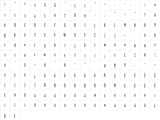 MatrixNarrow Regular  glyph index