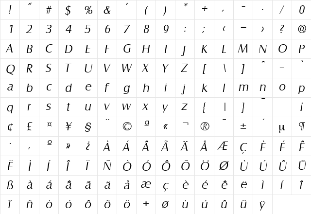 Salzburg-Serial-Light RegularItalic  glyph index