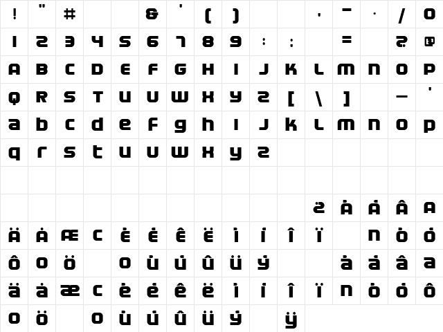 Electrofied Bold  glyph index