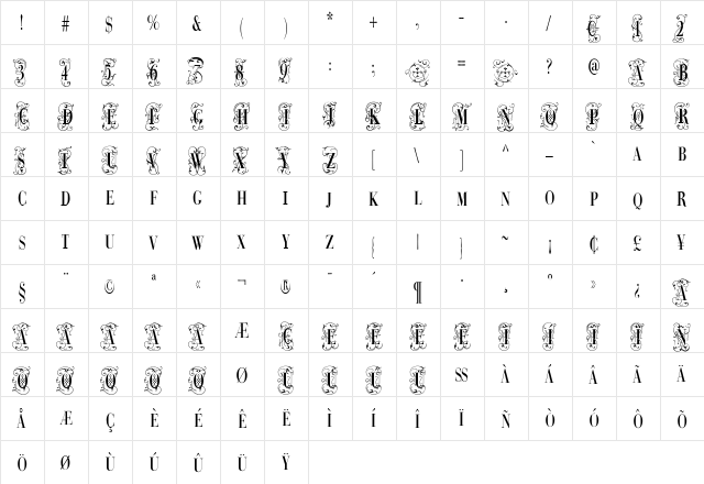BodoniClassicDecoTwoCaps Regular  glyph index