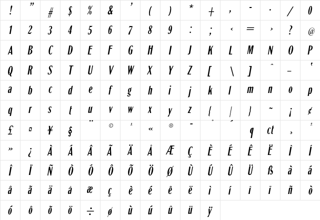 GlobeExCondL-Oblique Regular  glyph index