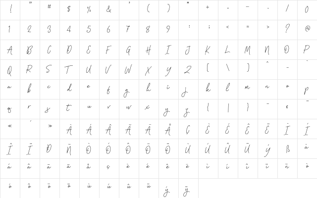 Signatura Monoline Script Regular  glyph index