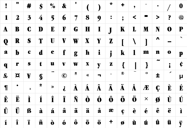 GaramondCdITC Ultra  glyph index