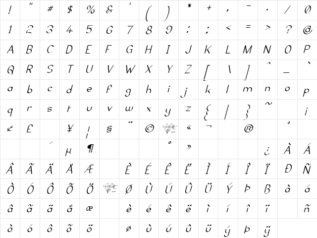 Elfar Normal Italic G98 Regular  glyph index