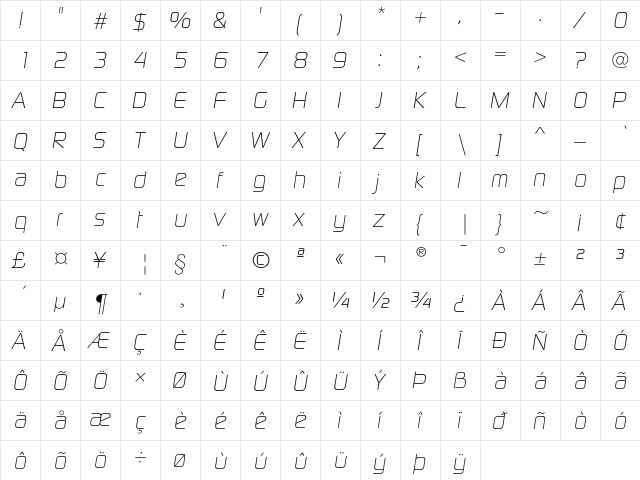 DigitalEF Light Italic  glyph index