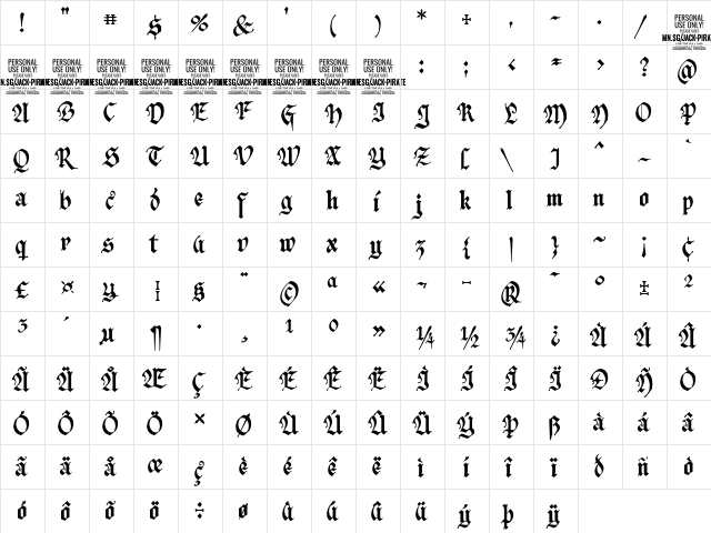 Jack Pirate Alt PERSONAL USE Regular  glyph index