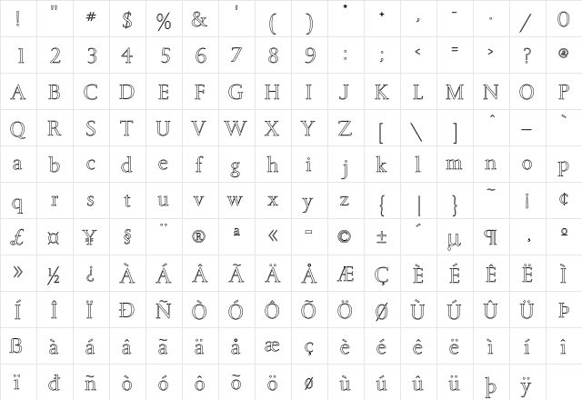 Senator Ho Regular  glyph index