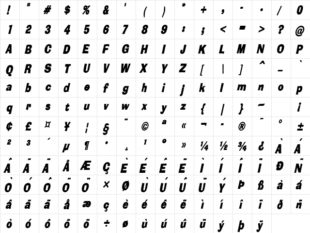 Alor Condensed BoldItalic  glyph index