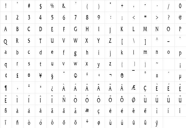Franco Thin Normal  glyph index