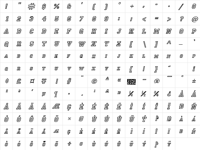 Letterman Italic  glyph index