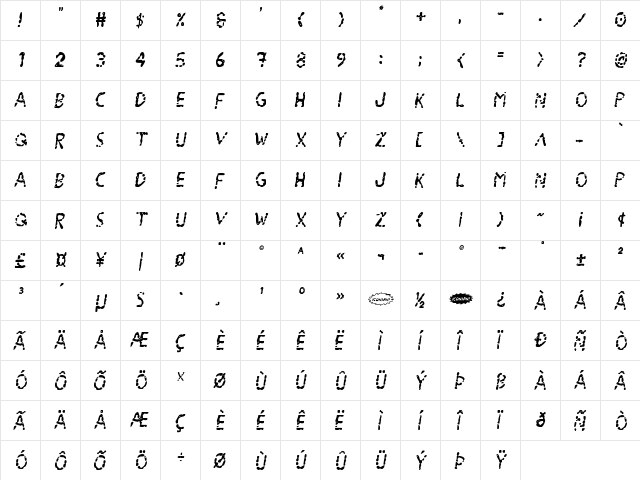 Blood Drenched Semi-Italic Regular  glyph index