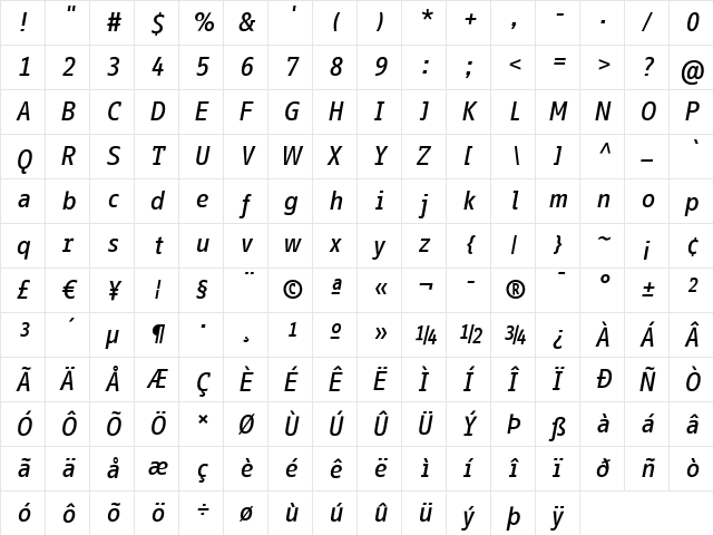 InfoOffice Medium Italic  glyph index