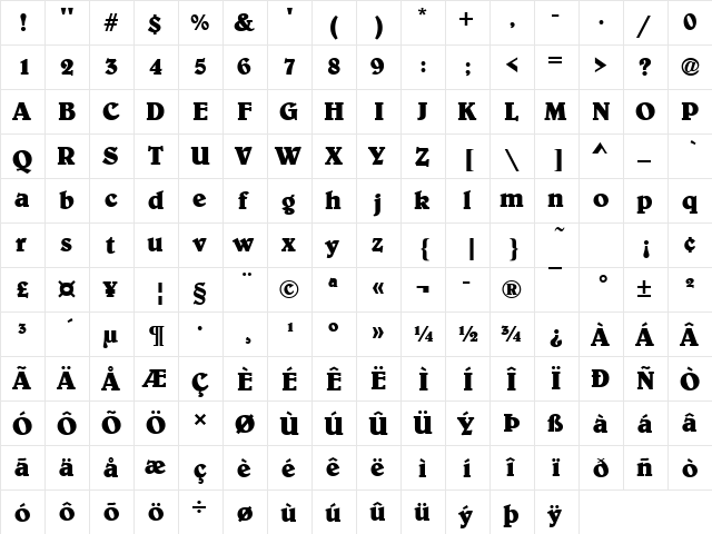 Elegance Bold  glyph index