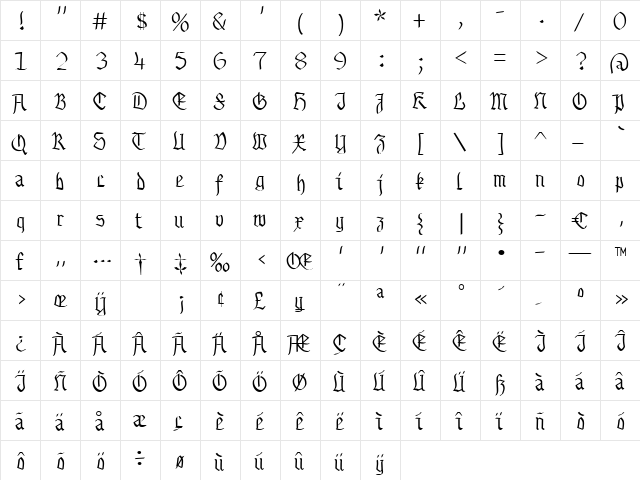 Buchkunst Regular  glyph index