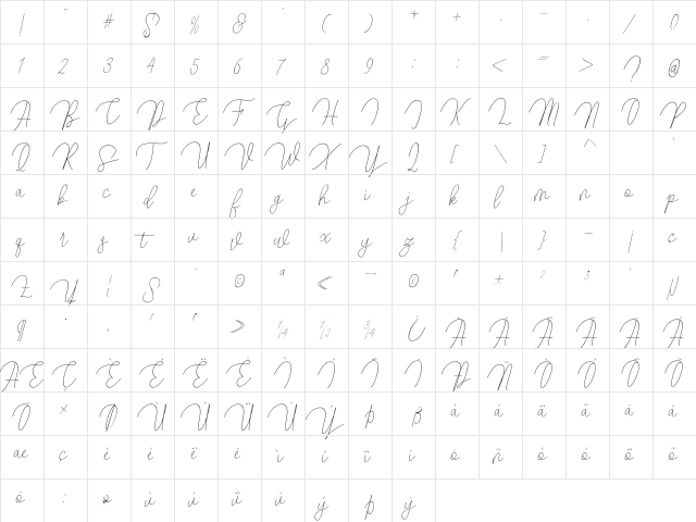ButtyScript Regular  glyph index
