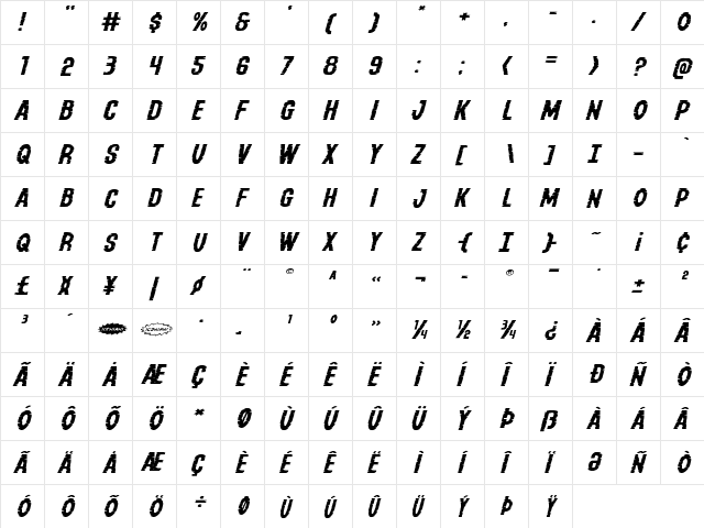 Yummy Mummy Extra-Expanded Italic Expanded Italic  glyph index