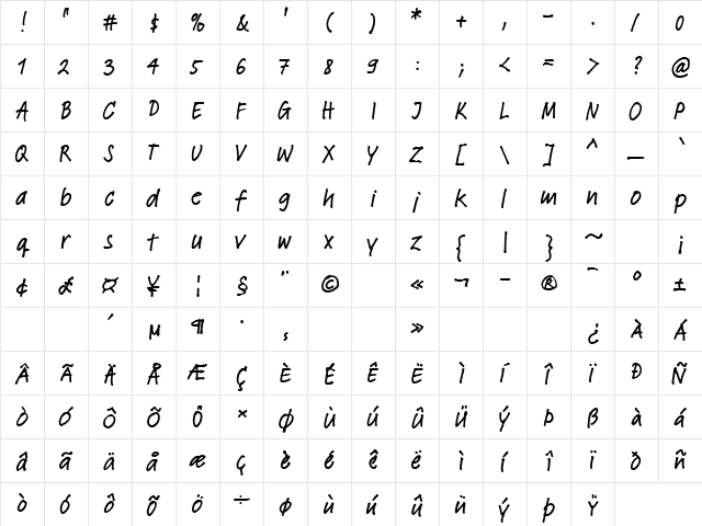 LTFeltpen Regular Bold  glyph index