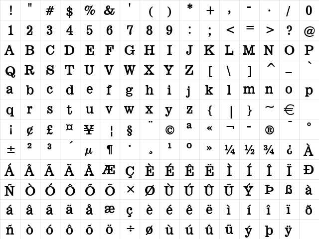 Broadcast Bold  glyph index