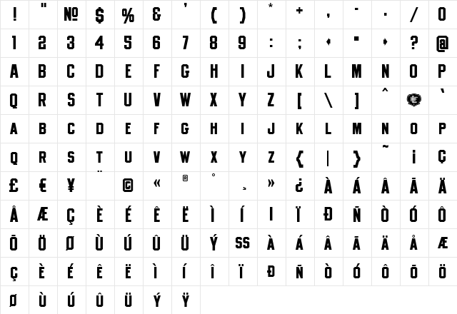 LHF Old Block CondBold Regular  glyph index