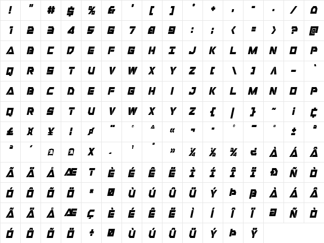 Liberty Island Condensed Italic Condensed Italic  glyph index