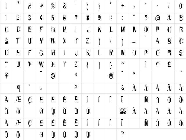 AnarkoCondensed Regular  glyph index