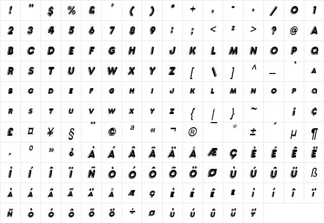 Francis High Lighted Italic  glyph index