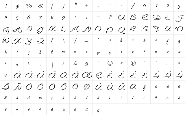 Caprice BQ Regular  glyph index