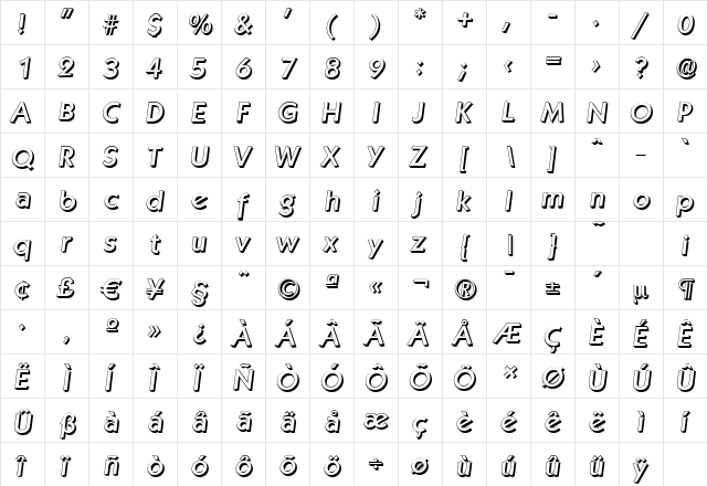 KoblenzShadow-Medium Italic  glyph index