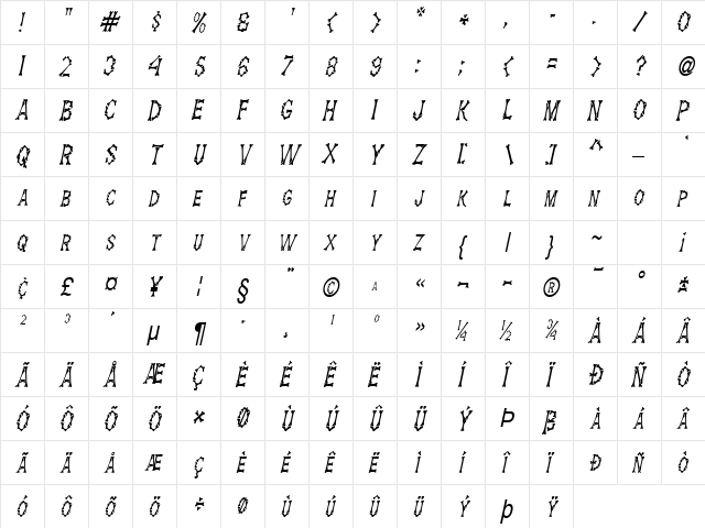 Eddy's Bones-Condensed Italic  glyph index